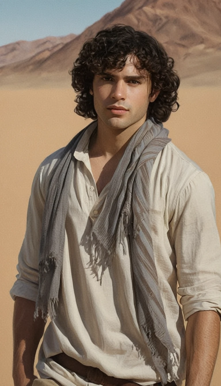 An illustrated movie poster, hand-drawn, full color, a male explorer, 28 years-old, resembles Gavin Leatherwood, wearing a linen shirt and a shemagh scarf, sun-tanned skin, stocky physique, deep brown eyes, wide bulbous nose, black hair, curly hair, thick bushy eyebrows, extremely hairy chest, stomach, and arms, lots of body hair, posing in a desert oasis, hard shadows, graphite shading, stencil markings, airbrushed acrylic paint, masterpiece, in the style of Lord of the Rings 