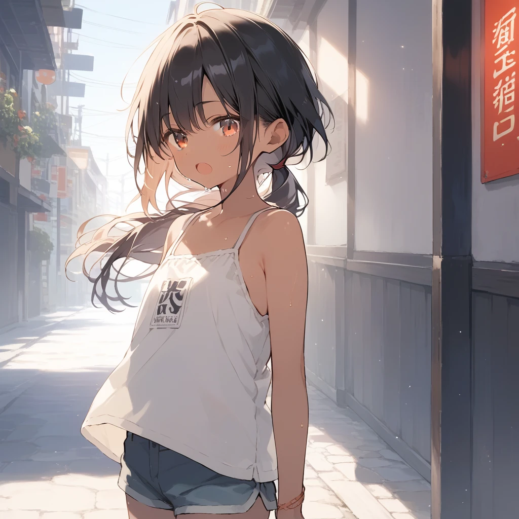 score_9, score_8_up, score_7_up, source_anime, best quality, masterpiece, official art, absurdres, highres, ultra-detailed,waifu2x,Collection: Slice of Life,break,1girl, tomboy, dark-skinned female, short hair, low ponytail, flat chest, beautiful detailed eyes, short shorts, sweat, open mouth, (yawn:0.3), sleepily, outdoors, wind, break,(clear line illustration:1.2),very high resolution, very aesthetic, super detailed skin, Best sexual lighting powered by famous artist, 8k,cute picture,beauty illustration,photoshop_(medium),,(Detailed Lighting),best anime 8k konachan wallpaper, pixiv contest winner,