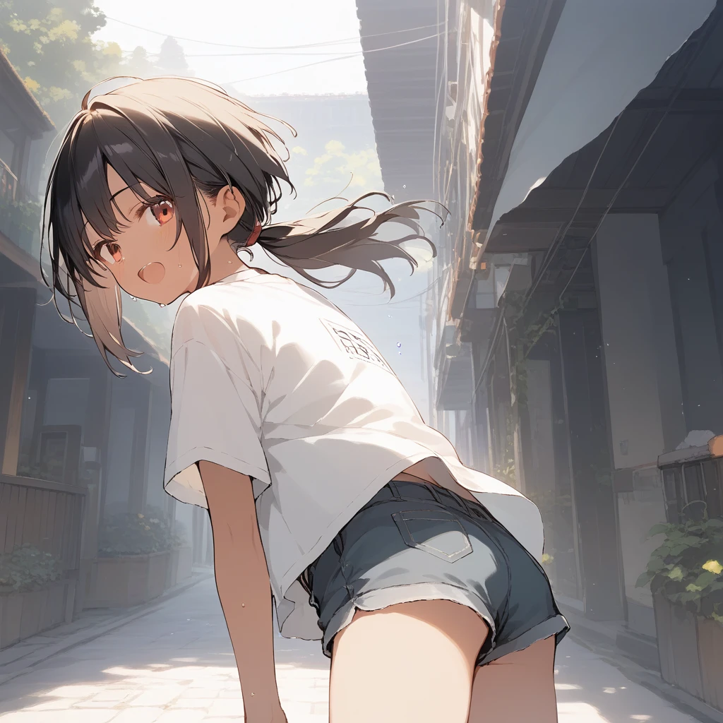 score_9, score_8_up, score_7_up, source_anime, best quality, masterpiece, official art, absurdres, highres, ultra-detailed,waifu2x,Collection: Slice of Life,break,1girl, tomboy, dark-skinned female, short hair, low ponytail, flat chest, beautiful detailed eyes, short shorts, sweat, open mouth, (yawn:0.3), sleepily, outdoors, wind, break,(clear line illustration:1.2),very high resolution, very aesthetic, super detailed skin, Best sexual lighting powered by famous artist, 8k,cute picture,beauty illustration,photoshop_(medium),,(Detailed Lighting),best anime 8k konachan wallpaper, pixiv contest winner,