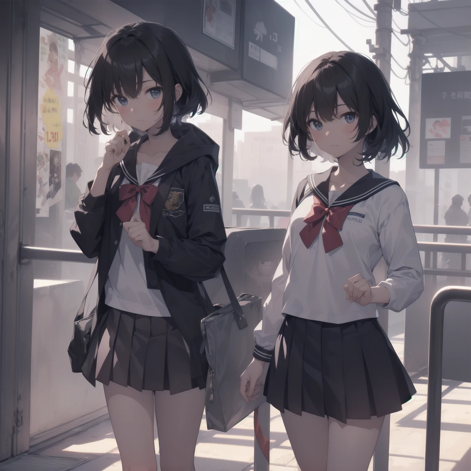 ultra-absurdres-Top quality by artist God, ultra-detailed, high resolution, anime moe artstyle, best anime 8k konachan wallpaper, pixiv contest winner, pool:2810, perfect anatomy,break, 1girl, (Please draw a girl walking sleepily to school alone. )break,(Solo,little female, 13-year-old:1.3),Full limbs, complete fingers,a junior high school student, (very short hair), short cut, flat chest, , small butt, small black eyes, beautiful detailed eyes, well-proportioned iris and pupils, expressive eyes, highres detailed hair, soft expression, salor school_uniform, sailor collar, serahuku, bow, pleated skirt,(Detailed Lighting), (Detailed background), in the School commute route. break,super detailed skin, Best cinematic lighting powered by famous artist, 8k,beauty illustration,photoshop_(medium),very aesthetic,break,((artist:wa_(genryusui) )), artist:clamp ,artist:carnelian ,artist:kantoku ,