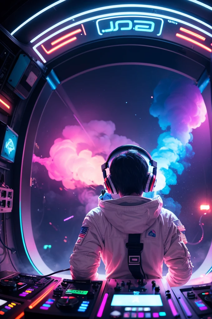 An astronaut playing music as a DJ, with headphones and large speakers at the back.Colorful lighting, neon lights and lots of smoke in the background,coming from bottom to top.
