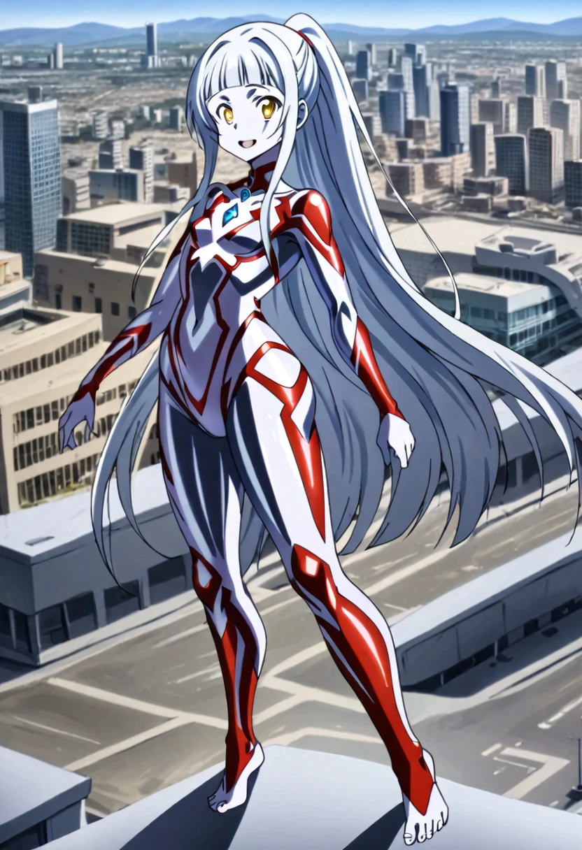 1girl, solo, anime style, 4k quality, masterpiece, best quality, sword art online, yui, , long hair, blunt bangs, white hair, very long hair, high ponytail, barefoot, ultrawoman, robot, colored skin, glowing eyes, yellow eyes, flat chest, giantess, giant, metallic face, metallic skin, shiny skin, chrome skin, chrome face, gem on chest, colour timer on chest, chest jewel, blue jewel, muscular, thick_thighs, looking at viewer, full body, smile, open mouth, standing, giantess, outdoor, city, citycape, skyscrapers, ral-chrome