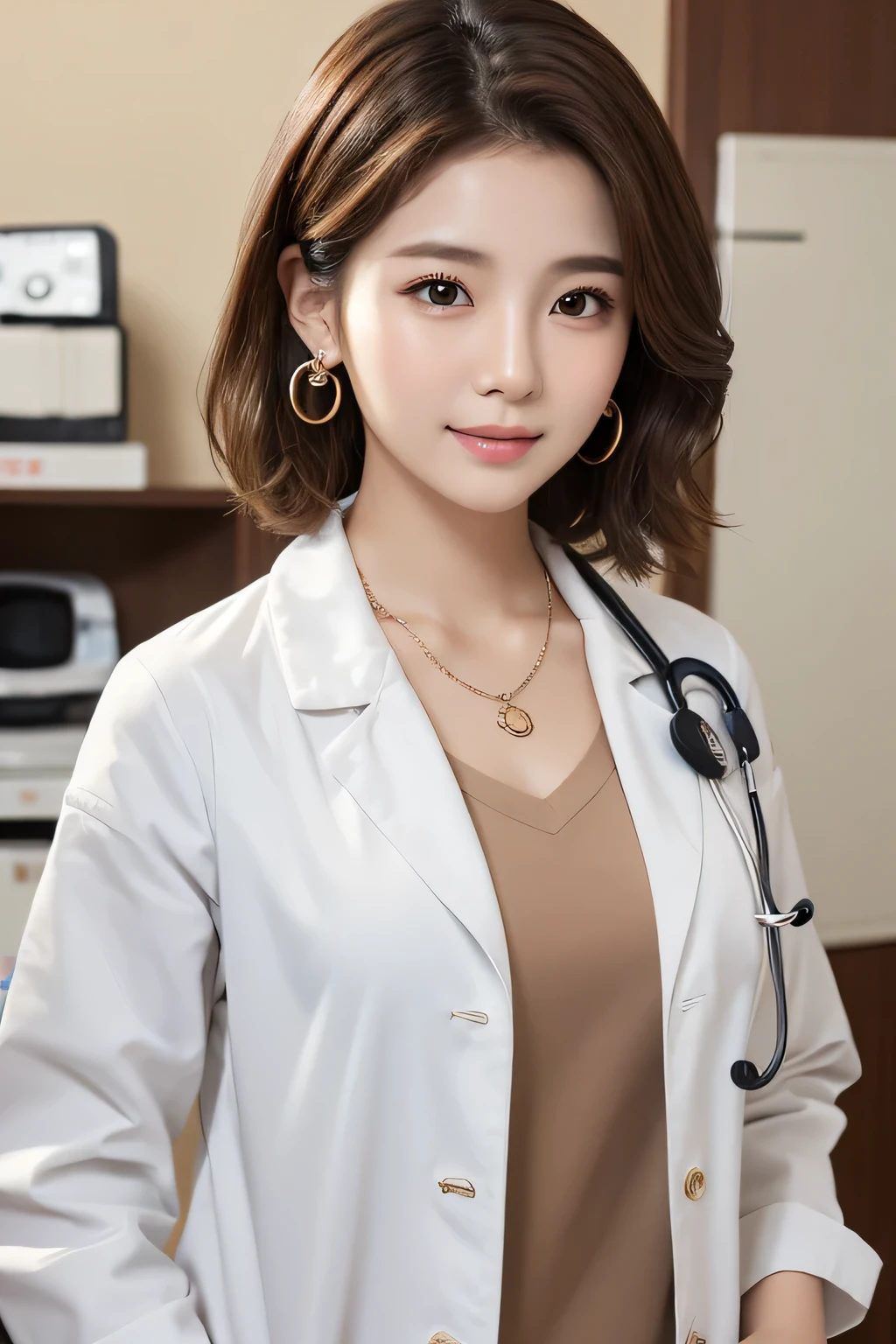 Beautiful young woman、 Korean women、Light brown hair、Necklace around the neck、White、Doctor's clothing、Stethoscope、Wavy Hair、short hair、Intricate details, Very detailed:1.2), 、 Looking into the camera,The background is the inspection room..、ear piercing
