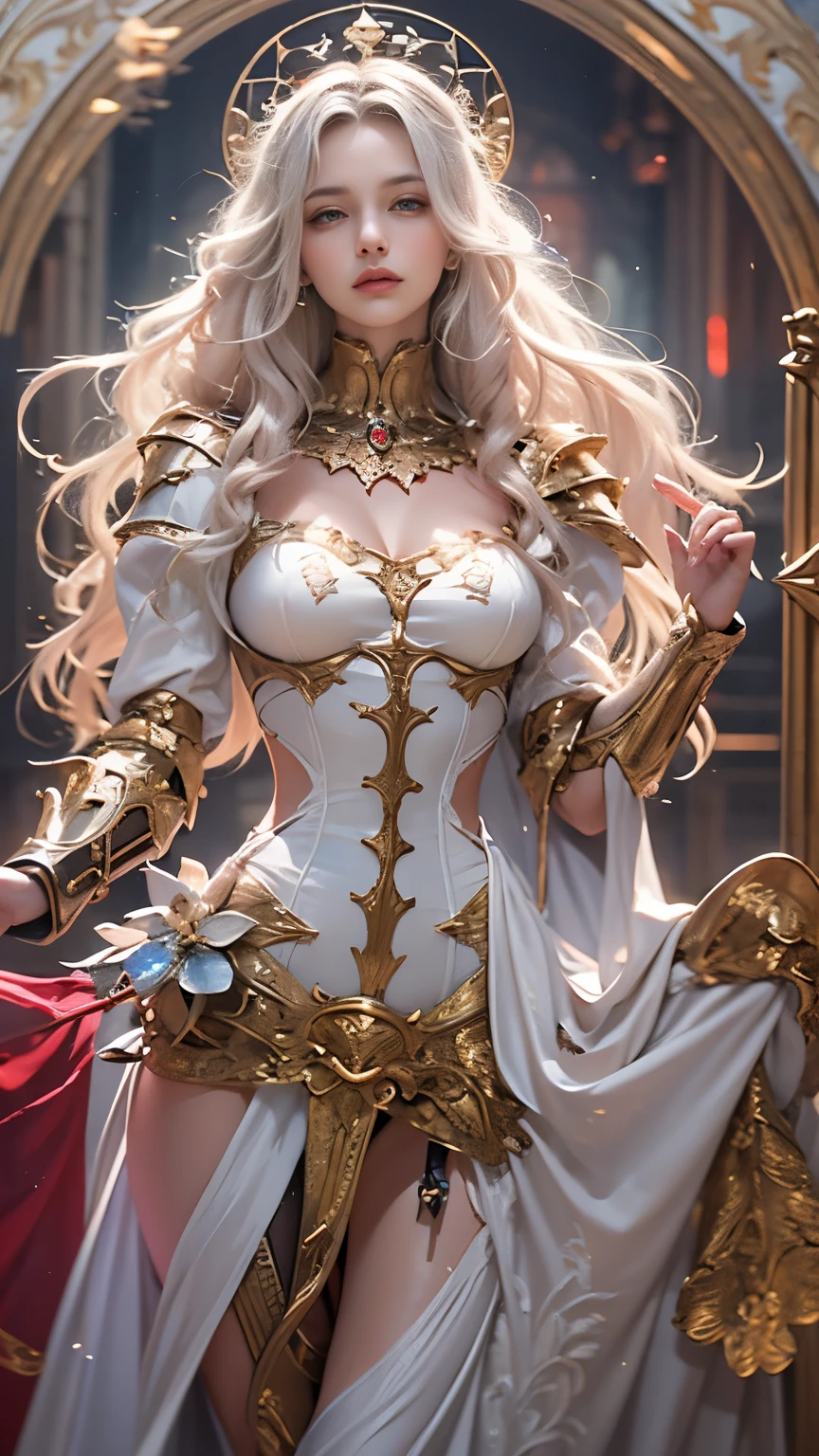 8K resolution, masterpiece, Highest quality, Award-winning works, unrealistic, sole sexy lady, healthy shaped body, 25 years old, white wavy long hair, hair band, big firm bouncing bust, ancient roman military commander's armor, Pure white armor with a complex structure, royal coat of arms, excalibur, elegant, Very detailed, Digital Painting, artステーション, コンセプトart, Smooth, Sharp focus, shape, artジャム、Greg Rutkowski、Alphonse Mucha、William Adolphe Bouguereau、art:Stephanie Law , Magnificent royal background, Royal Jewel, nature, Full Shot, Symmetric, Greg Rutkowski, Charlie Bowwater, beep, Unreal 5, Surreal, Dynamic Lighting, ファンタジーart, Complex colors, Colorful magic circle, flash, dynamic sexy poses