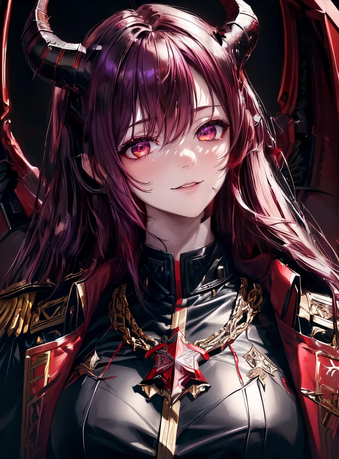 A succubus with horns,black wings,wearing Red LIla military uniform,decorated medals,highly detailed face,beautiful eyes,sharp facial features,flawless skin,seductive expression,dark fantasy,dramatic lighting,cinematic composition,chiaroscuro,digital painting,muted colors,moody atmosphere