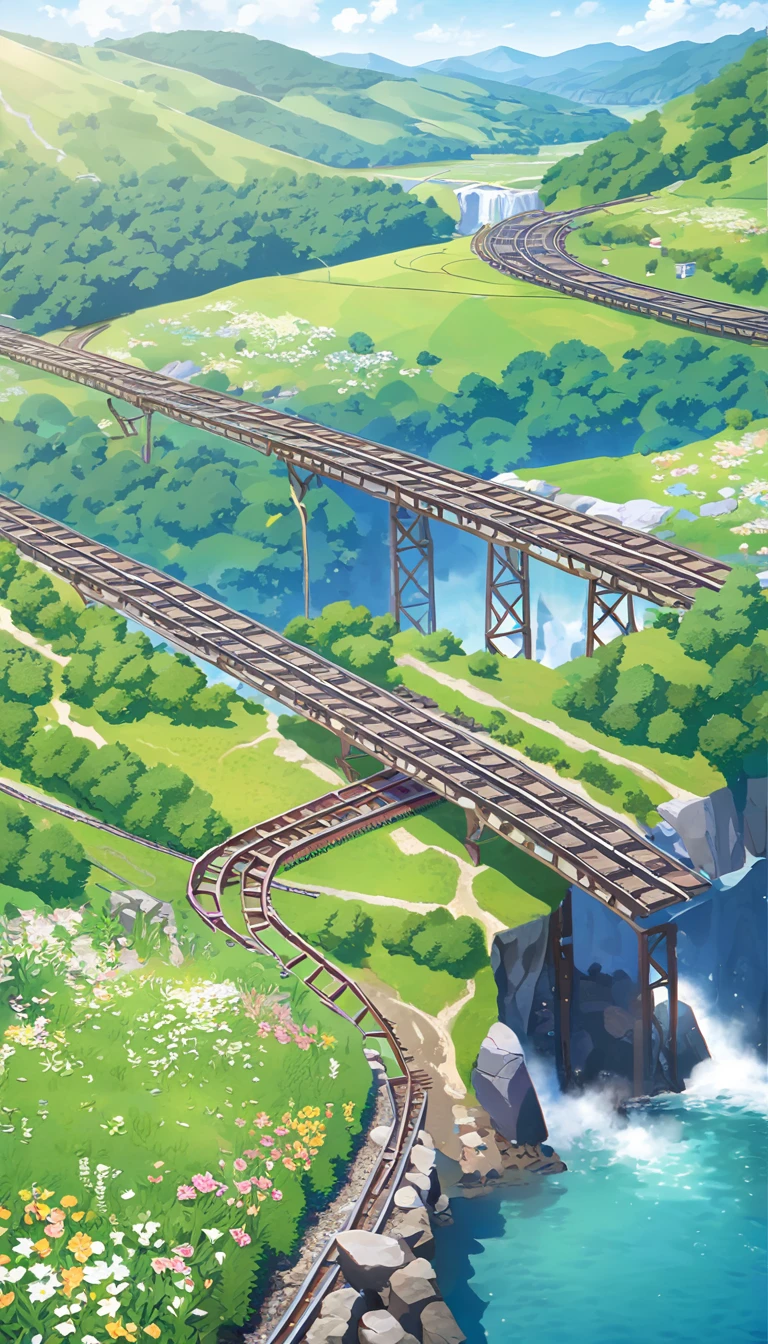 Trains, railway tracks extending from mines, on bridges,Flower Field,hillside,Hiking, plateau, summer,nobody