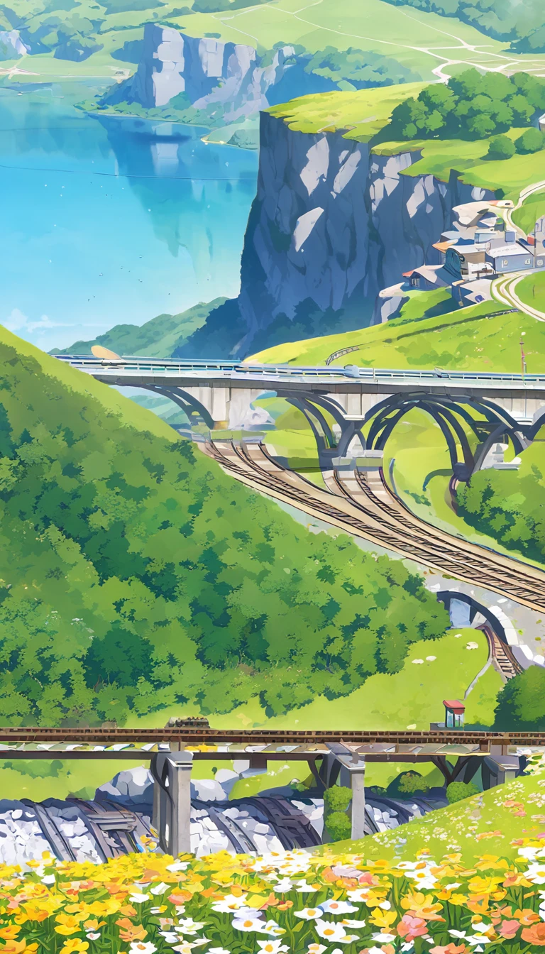 Trains, railway tracks extending from mines, on bridges,Flower Field,hillside,Hiking, plateau, summer,nobody