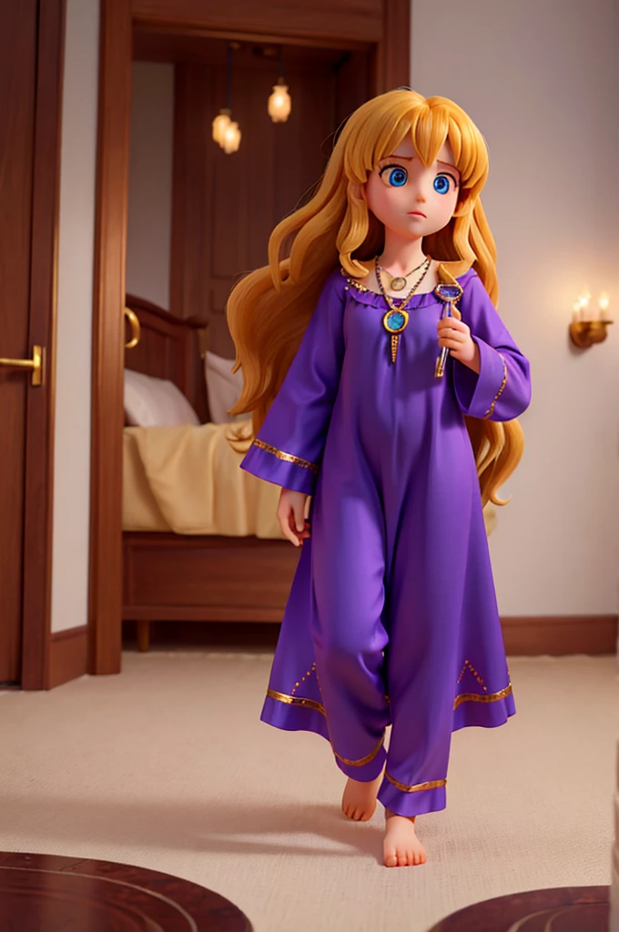 a  with long, thick hair of golden hair and two big, sparkling blue eyes, wearing a dress like pajamas, she's a , she's holding a necklace with a large purple pendant in her hand
she is a ???