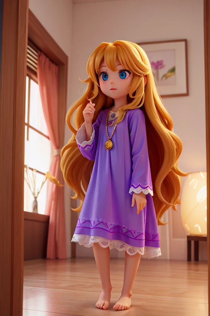 a with long, thick hair of golden hair and two big, sparkling blue eyes, wearing a dress like pajamas, she's a , she's holding a necklace with a large purple pendant in her hand
she is a kid