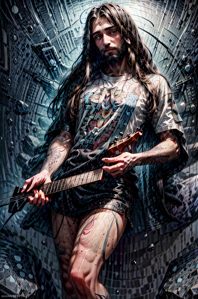 masterpiece, best quality, (illustration:1.2), (hyper detailed:1.5), ultra high res, 1jesus christ standing on a bed playing an oldschool rock and roll guitar, wearing a white oversized tshirt