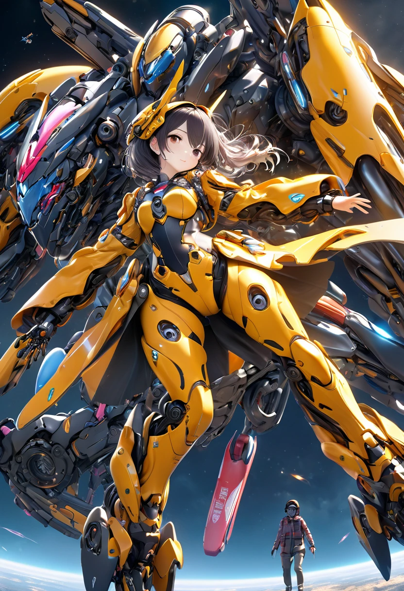 (Perfect Anatomy:1.4,Highest quality、超High resolution、High resolution、Highly detailed CG、8K Unit Wallpaper),Vibrant, Imaginary image of a girl in a mecha suit, Fly gracefully across the battlefield of the future. The girl is full of energy, Bright colors contrast with muted hues, The mechanical beauty of the suit. The suit's vibrant colors and intricate details、Sophisticated, Mecha futuristic design. A wide-angle lens is used in the background., Emphasize the dynamic nature of the scene. wide aperture, High resolution, telescope lens
