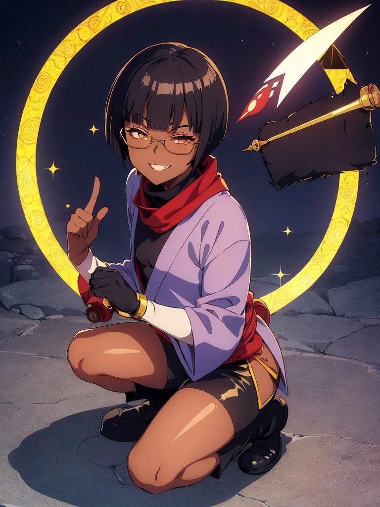 (flat chest:), (masterpiece:1.2), highest quality, High resolution, unity 8k wallpaper, (fine and beautiful eyes:1.6), highly detailed face, perfect lighting, Detailed CG, (perfect hands, perfect anatomy), (1 boy solo:1.4), 20 years old, black hair, extremely beautiful detailfeminine face and eyes, (evil smile:1.4), detailed eyes, best quality,( dark skin:1.8), (turtleneck shirt under yukata:1.2), (bike shorts:1.2), extremely detailed, very precise detailed, (glasses:1.3), blunt bangs, open mouth, (very short pixie cut:1.2), boots,fingerless gloves, smile, half closed eyes, ,(on kawara roof),night sky, ,long sidelocks,(long red Scarf),(yukata),(squatting), ears,(acrobat pose:1.3),(squat:1.3),leaning forward,(one knee dwon:1.5),(Put one foot in front:1.3),(stylish pose:1.4),(arm up:1.4),(Raise index finger)