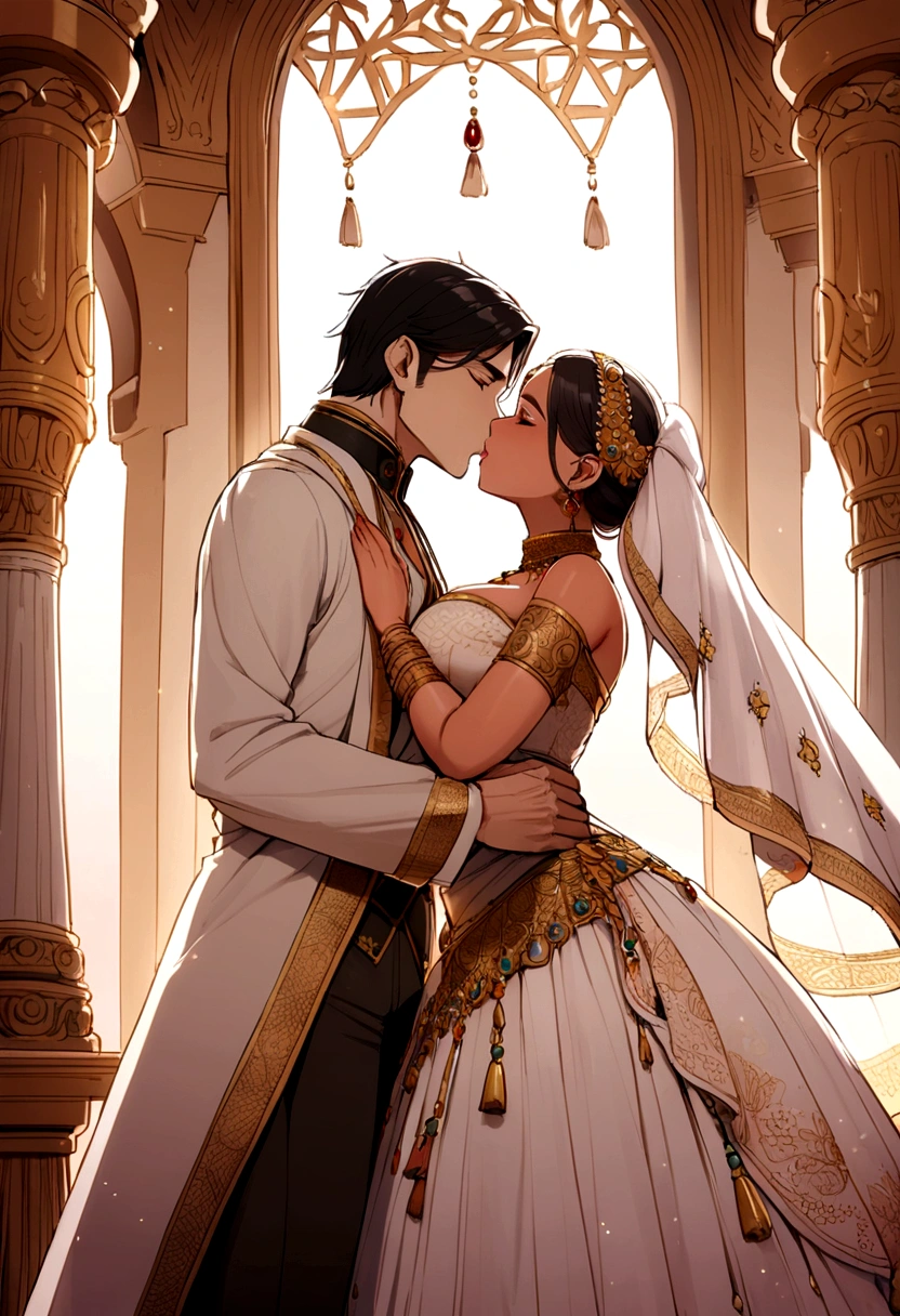A beautiful curvy Indian bride kissing a boy 
