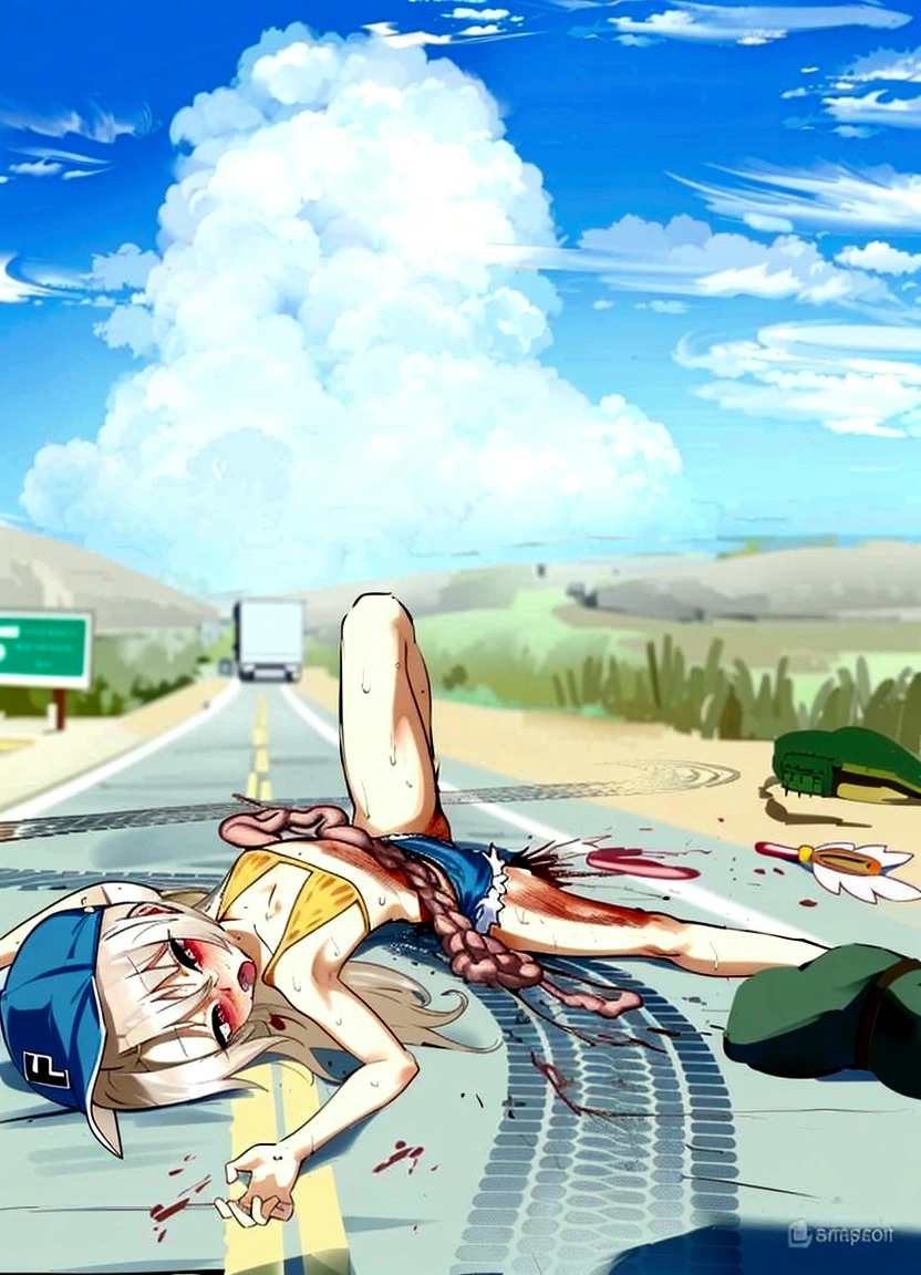clear line, sharp line, nsfw, sweaty, hot weather, hot, sweat, masterpiece, no watermark, body steam, steam comes out of body, many steam, dust, accident, hit by truck, crushed stomach, crushed, destroyed