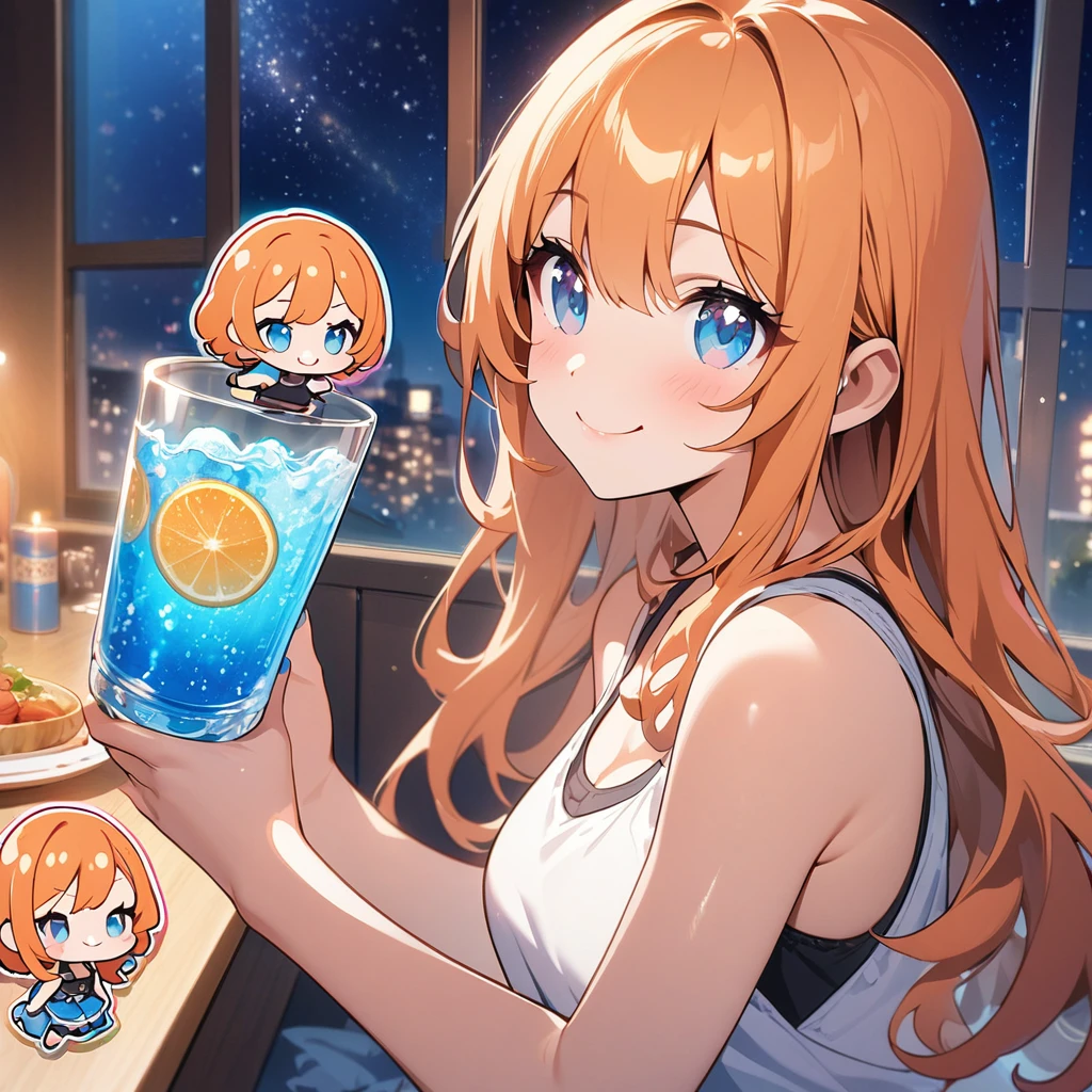 masterpiece、Highest quality、Depth of subject、２D illustration、1 beautiful girl、独奏, (((chibi style)))、((night)), ((window)), ((starry sky)), Long, beautiful hair、Shiny orange hair、cute、Beautifully detailed eyes、((Tank top))、a glass of blue soda, ((colorful))、mini skirt、((happy smile))、((Canned Chuhai)), ((close up shot))、((eating dinner)), ((in the room))、((There&#39;s a lot of pink around))、Thighs、((vivid color))、sparkle、((Lens flare))、