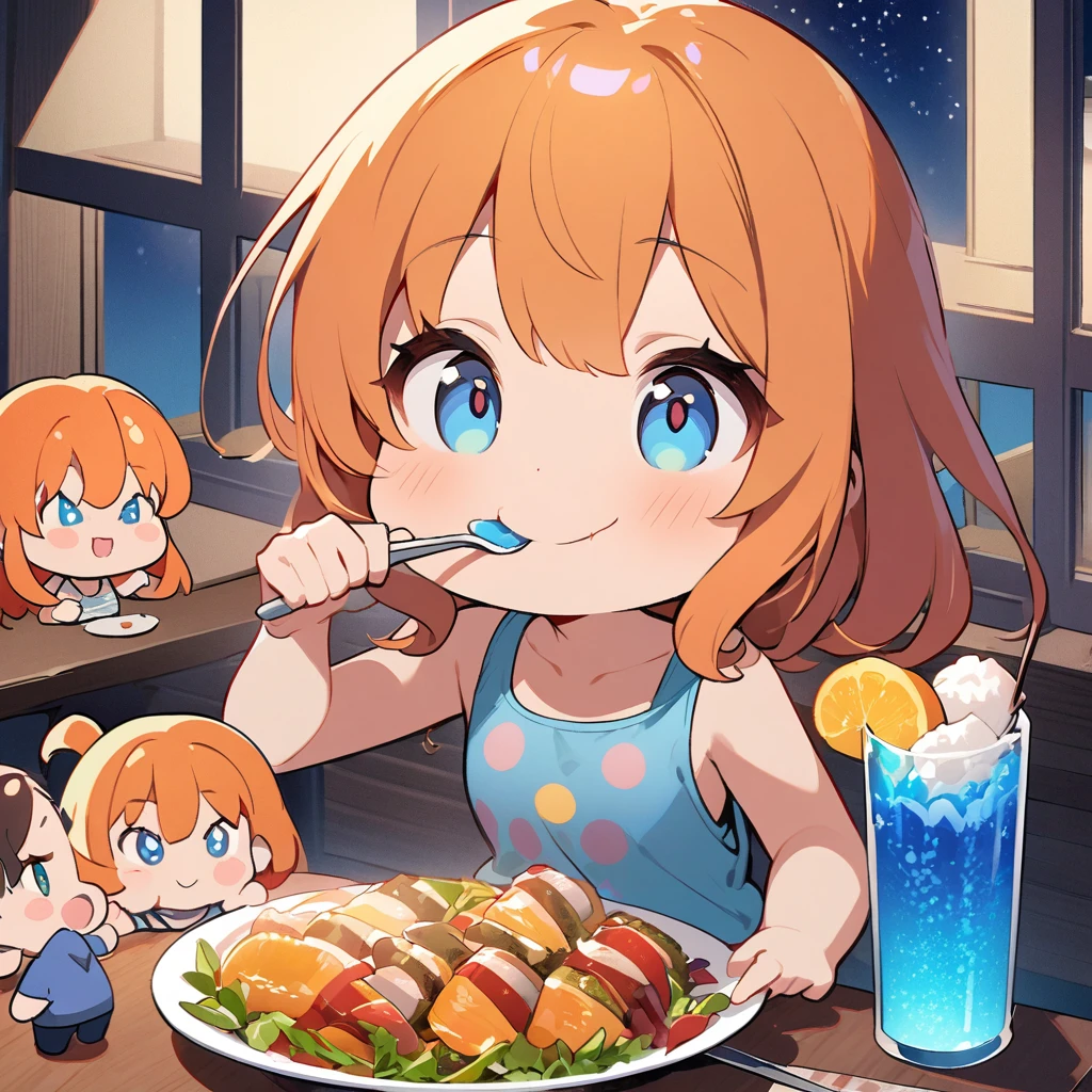 masterpiece、Highest quality、Depth of subject、2D illustration、1 beautiful girl、独奏, (((chibi style)))、((night)), ((window)), ((starry sky)), Long, beautiful hair、Shiny orange hair、cute、Beautifully detailed eyes、((Tank top))、a glass of blue soda, ((colorful))、mini skirt、((happy smile))、((Canned Chuhai)), ((close up shot))、((eating dinner)), ((in the room))、((There's a lot of pink around))、Thighs、((vivid color))、sparkle、((Lens flare))、