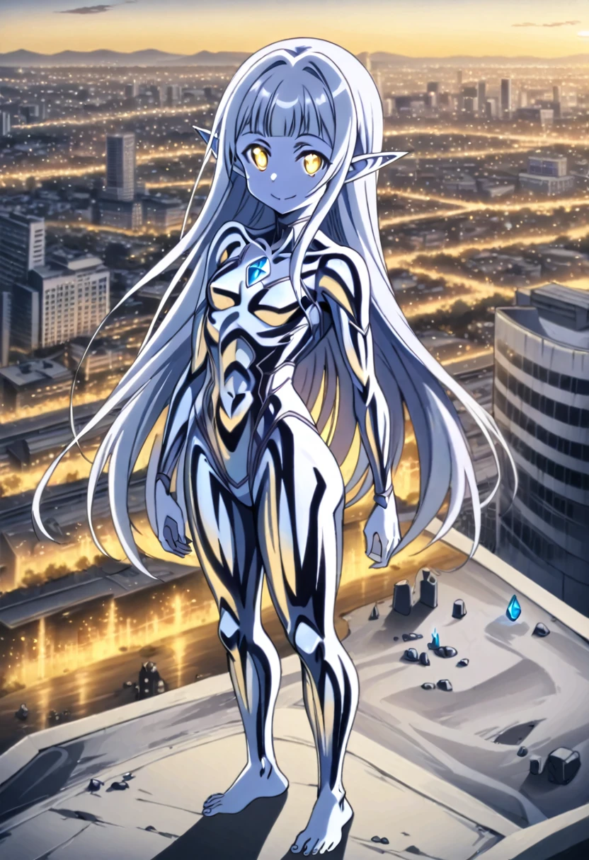 1girl, solo, anime style, 4k quality, masterpiece, best quality, sword art online, yui, long hair, blunt bangs, white hair, very long hair, high ponytail, pointy ears, elf, barefoot, ultrawoman, robot, colored skin, glowing eyes, yellow eyes, flat chest, giantess, giant, metallic face, metallic skin, shiny skin, chrome skin, gem on chest, colour timer on chest, chest jewel, blue jewel, muscular, abs, Female Bodybuilding Style. thick_thighs, looking at viewer, full body, smile, closed mouth, standing, giantess, outdoor, city, citycape, skyscraper