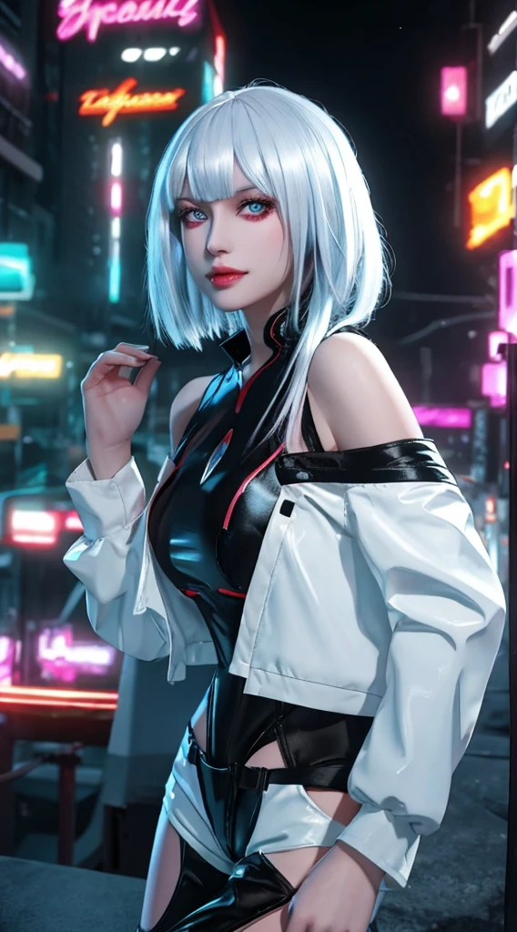 a sweet girl with white short hair and bangs, close-up, medium breasts, wearing a white off-shoulder jacket, black bodysuit, and white shorts with a hip vent, dynamic pose looking at the viewer, upper body, seducing expression with a slight smile, against a fantasy cityscape with neon lights and cyberpunk elements, high contrast, beautiful detailed eyes,beautiful detailed lips,extremely detailed eyes and face,longeyelashes,realistic,photorealistic,photo-realistic:1.37,best quality,4k,8k,highres,masterpiece:1.2,ultra-detailed,HDR,UHD,studio lighting,ultra-fine painting,sharp focus,physically-based rendering,extreme detail description,professional,vivid colors,bokeh,cyberpunk,neonlights,scifi