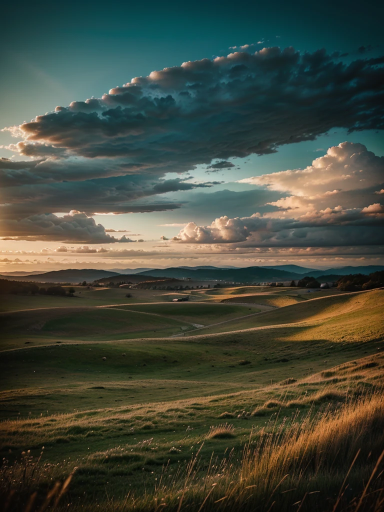 Beautiful view, dramatic lighting, peaceful, grass, wind