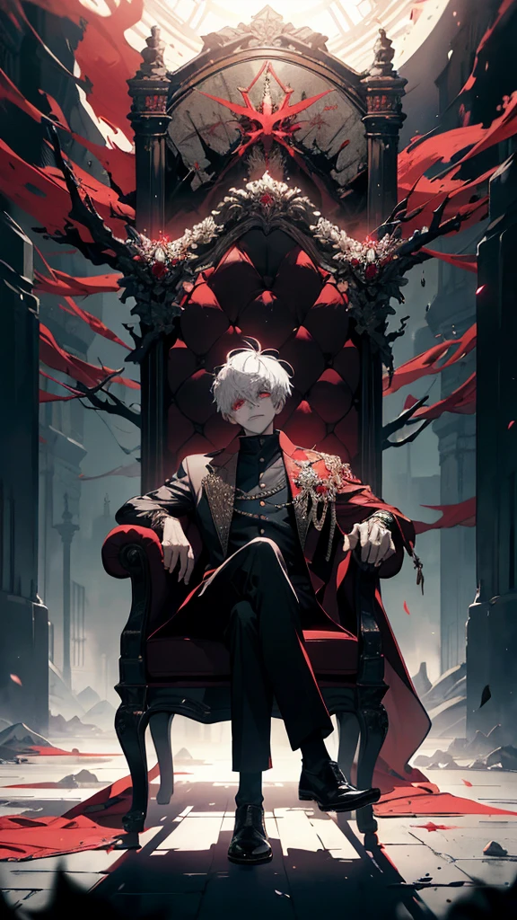 white haired, A red-eyed prince sits on a majestic throne inside an abandoned palace. The environment around it is dark and gloomy, with evil red eyes in the walls and cobwebs hanging there. The throne is richly decorated, with details of gold and precious stones, and covered with a dusty cloth. The protagonist is dressed in royal clothes, with Kaneki's expression on his face, when he looks at the horizon with glowing red eyes, Masterpiece, Best Quality, Ultra-detailed, illustartion, concept art in 8K resolution, Fantasy art, epic art, concept art wallpaper 4k, Deep color, natural lighting