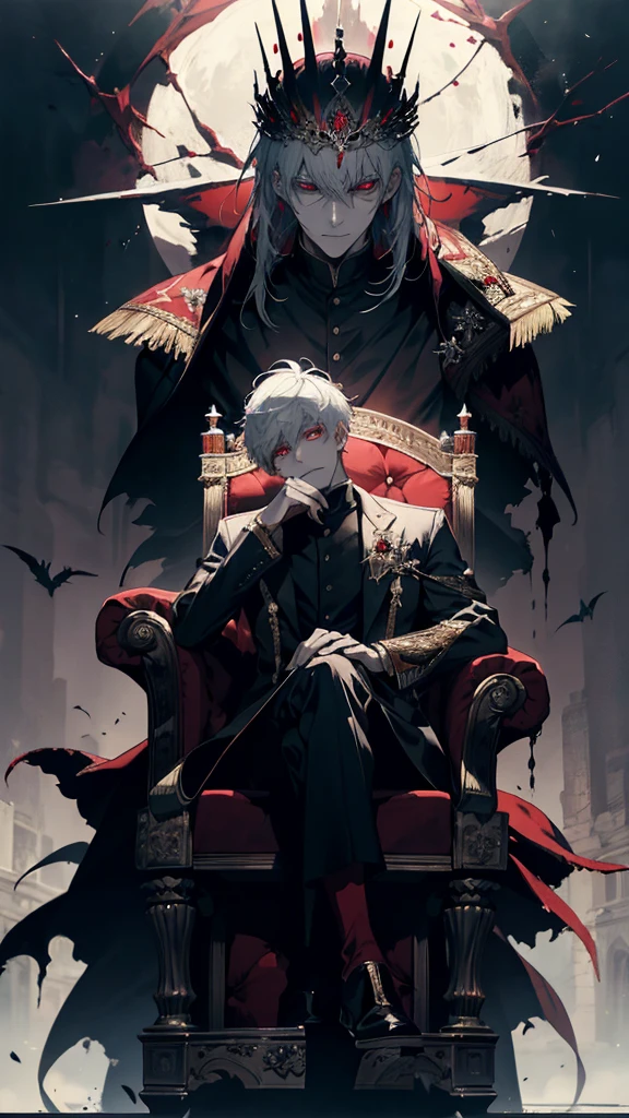 white haired, A red-eyed prince sits on a majestic throne inside an abandoned palace. The environment around it is dark and gloomy, with evil red eyes in the walls and cobwebs hanging there. The throne is richly decorated, with details of gold and precious stones, and covered with a dusty cloth. The protagonist is dressed in royal clothes, with Kaneki's expression on his face, when he looks at the horizon with glowing red eyes, Masterpiece, Best Quality, Ultra-detailed, illustartion, concept art in 8K resolution, Fantasy art, epic art, concept art wallpaper 4k, Deep color, natural lighting