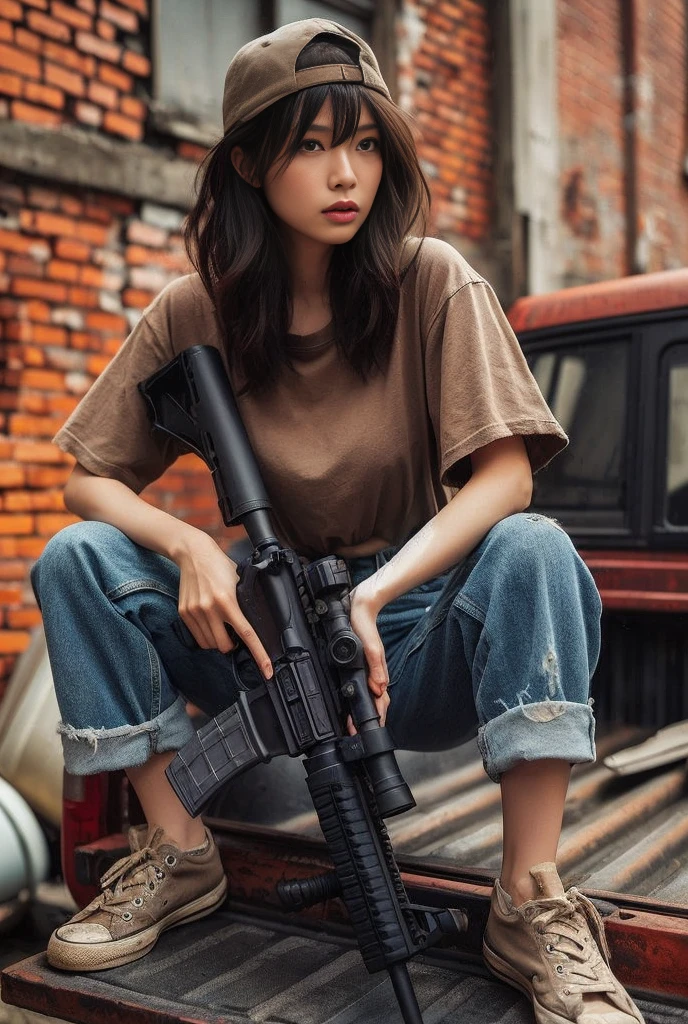 8K,Realistic Photo、Realistic Skin Texture、Superrealism、Japanese woman living in America、Operation、In a mid-sized American city、Old brick building、mortar、Loose Fit T-Shirt、Denim pants、Dirty sneakers、Hunting rifles、Dirty alley、Baseball Cap、Crouched in the bed of an old pickup、Natural pose、Innovative composition