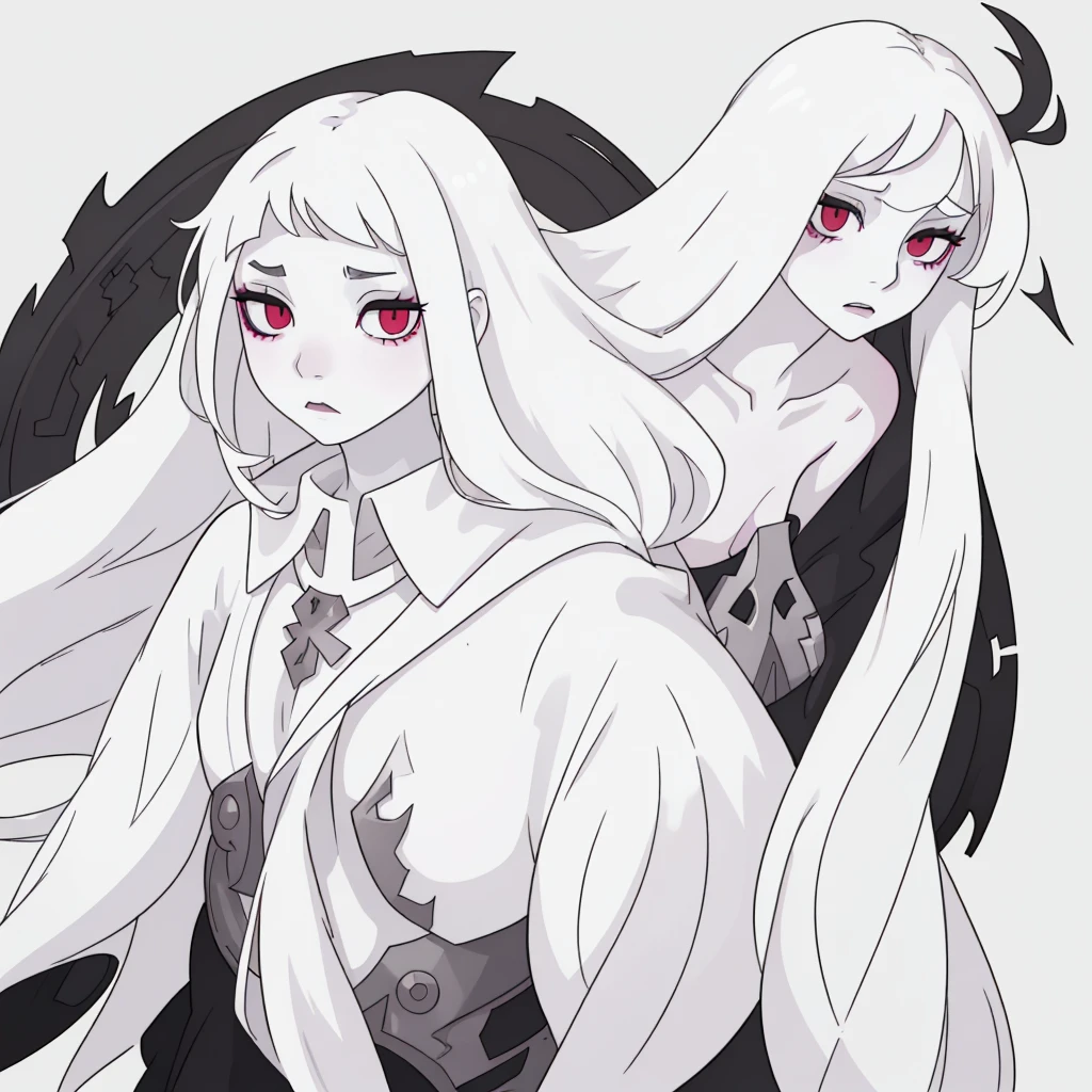 A girl with long white hair, pale skin, with the lower eyelids of the eyes, dark and extremely pale skin, appearing to be sick or weak. She&#39;s sitting in a white padded room(you already, a hospice room), the place has weak kuzes, giving a dark and melancholy atmosphere. The girl looks at the user with an expression of madness and hallucination, while the okhos glow a dark shade of purple.