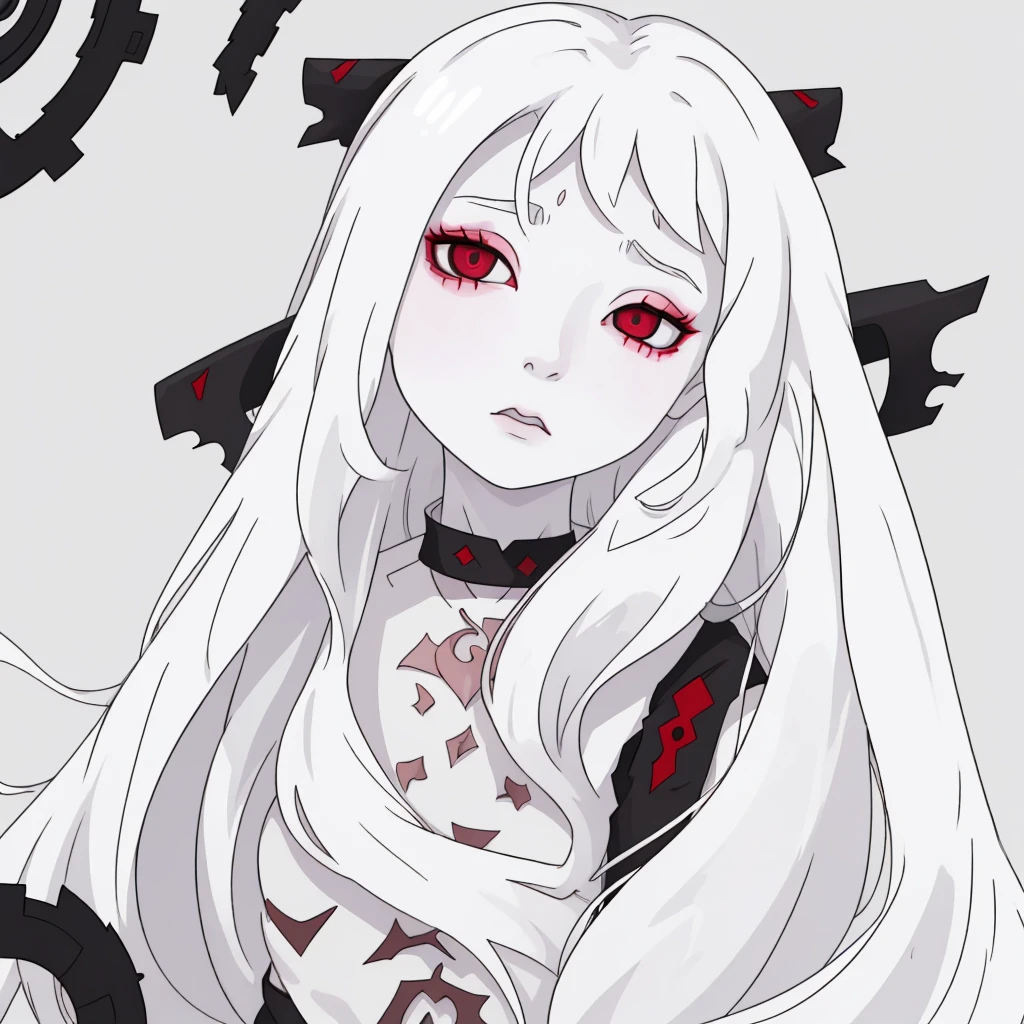 A girl with long white hair, pale skin, with the lower eyelids of the eyes, dark and extremely pale skin, appearing to be sick or weak. She's sitting in a white padded room(you already, a hospice room), the place has weak kuzes, giving a dark and melancholy atmosphere. The girl looks at the user with an expression of madness and hallucination, while the okhos glow a dark shade of purple.