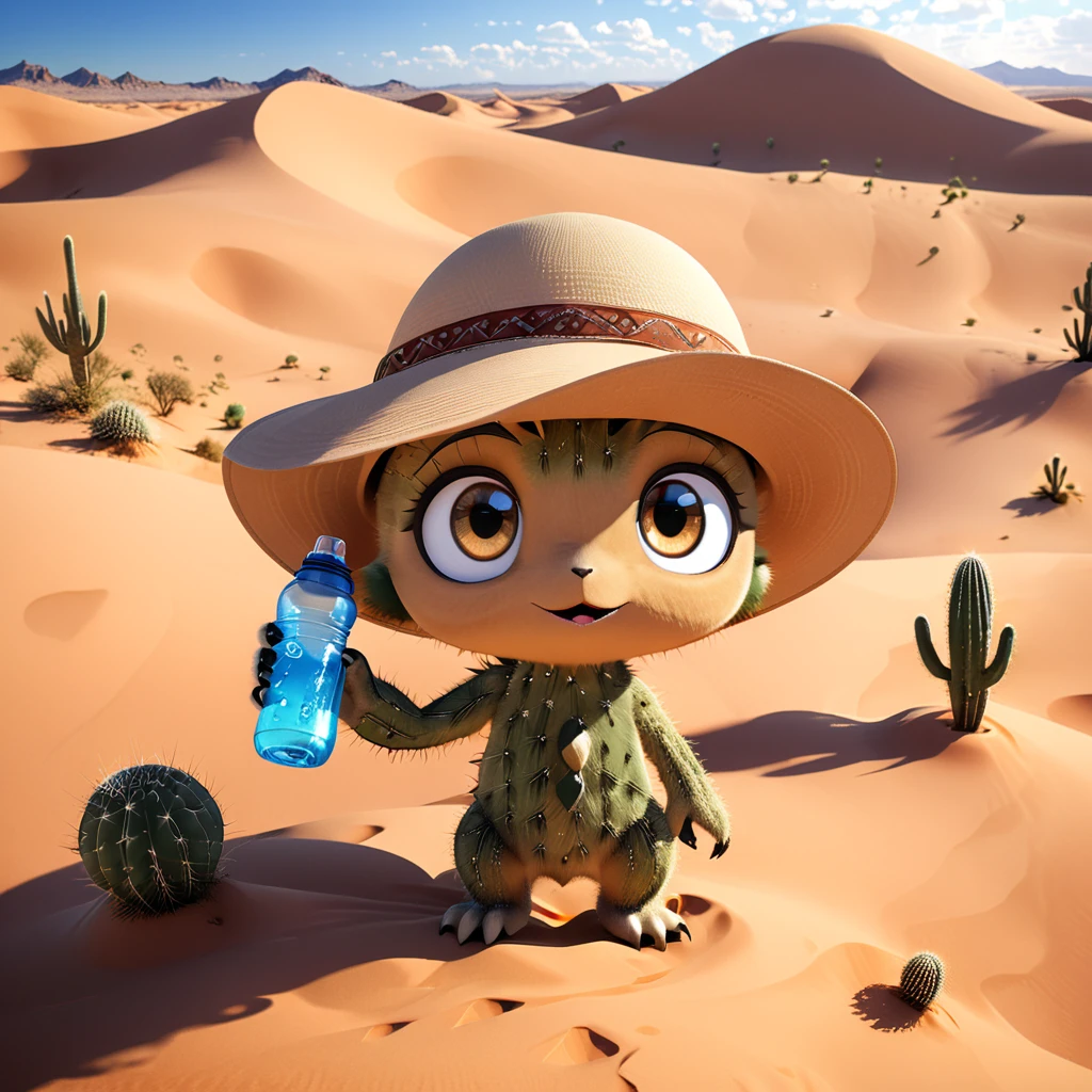 【さばく】
A cute desert monster with big eyes and a friendly expression, exploring a vast sandy desert. The delightful creature has a sunhat and a tiny water bottle, with dunes and cacti in the background. The scene captures the warmth and expansiveness of the desert landscape. --ar 1:1 --v 6.0 3D render