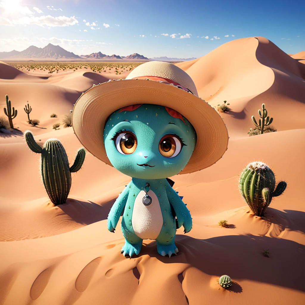 【さばく】
A cute desert monster with big eyes and a friendly expression, exploring a vast sandy desert. The delightful creature has a sunhat and a tiny water bottle, with dunes and cacti in the background. The scene captures the warmth and expansiveness of the desert landscape. --ar 1:1 --v 6.0 3D render