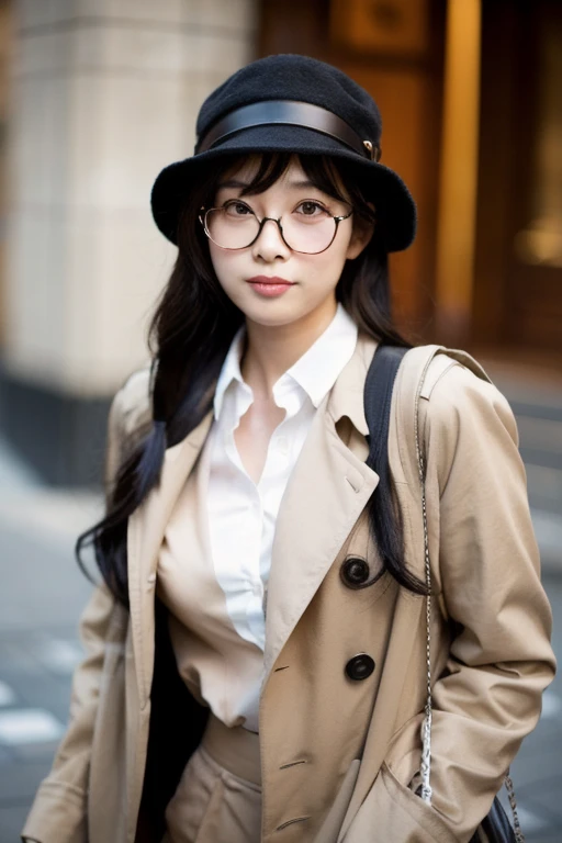 A cute Japanese woman in her early twenties, wearing a sleek detective cosplay outfit. Her attire includes a fitted trench coat and detective hat. She has large breasts and wears chic glasses, creating an adorable and intriguing look.
