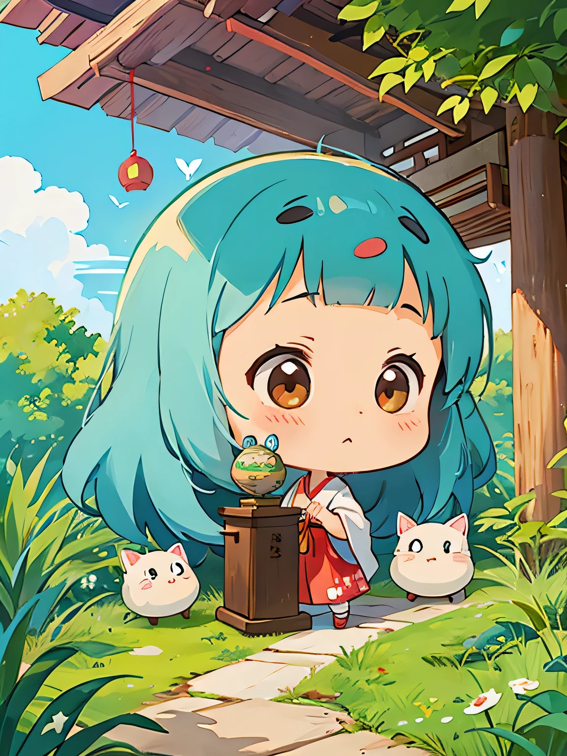 Hayao Miyazaki style、Kawaii Design, The most beautiful girl of all time、chibi, Shrine maiden