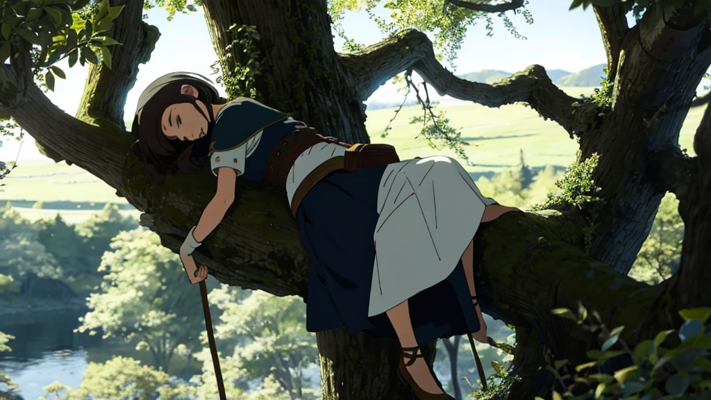 medieval girl sleep ,sous un arbre
