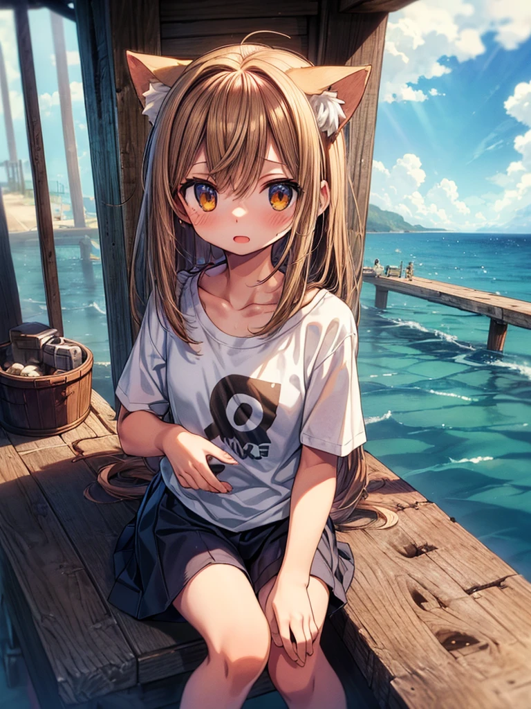 ((masterpiece)), ((Highest quality)), (anime:1.3), (RAW Photos:1.2),(High resolution:1.3), (Professional photography:1.5), ((12 years old)), Portraiture, (morning), Very messy medium length hair,  ((A tattered, loose T-shirt)), (A small, slightly exposed chest), Beautiful clavicle, Slender body, (Sitting on the pier), Sweaty skin, (Laughter), Open your mouth, Textured skin, Cat ear, Light brown hair, Cute beautiful girl, break, ((Highest quality)), Outdoor, (On a rusty, dirty, crumbling pier), (Ocean and slum views),additional XL