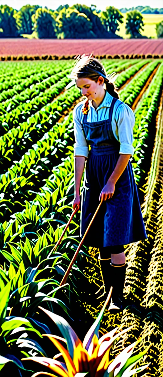 A wide shot of a field with a young Elizabeth Barton working in the field.