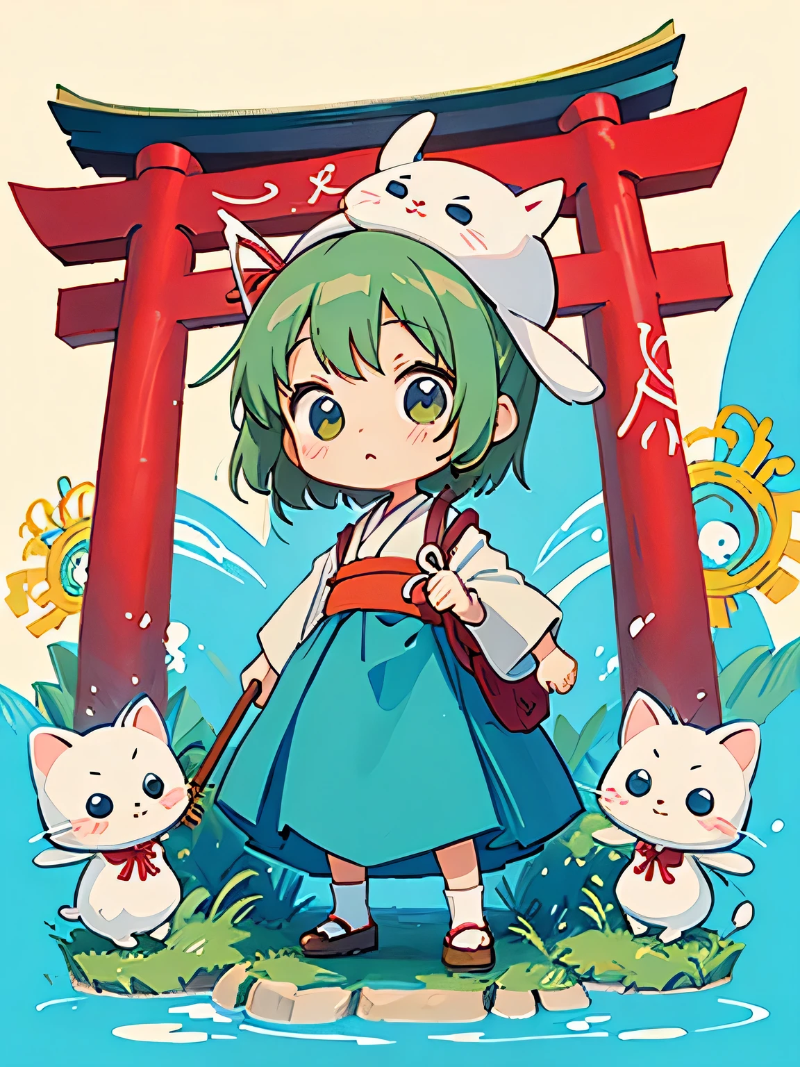 Hayao Miyazaki style、Kawaii Design, The most beautiful girl of all time、chibi, Shrine maiden