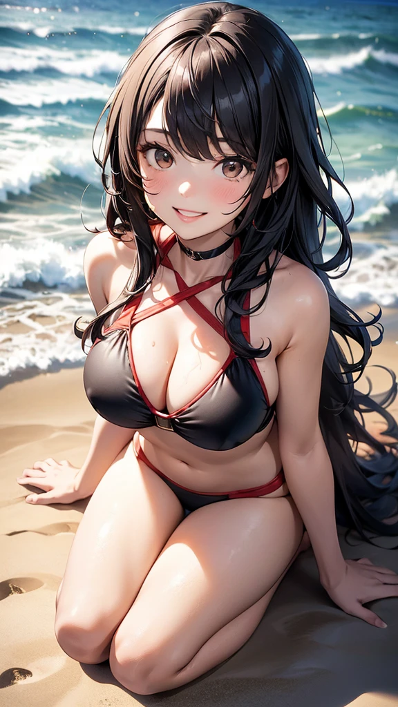 1girl, solo, bangs, black wavy hair, parted lips, brown eyes, long hair, smile, solo, two piece red halter swimsuit, sandy pier background, smiling, kneeling 