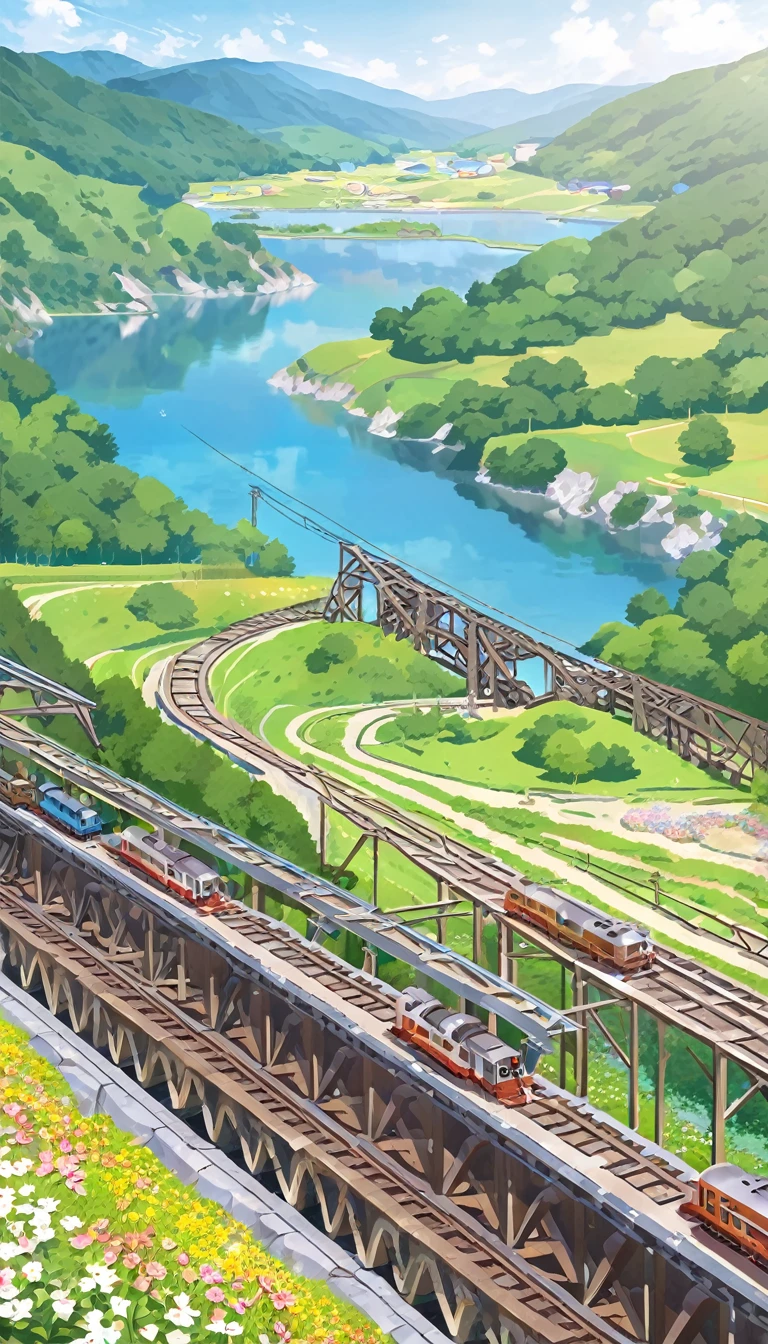 (Trains:1.5), railway tracks extending from mines, on bridges,Flower Field,hillside,Hiking, plateau, summer,nobody