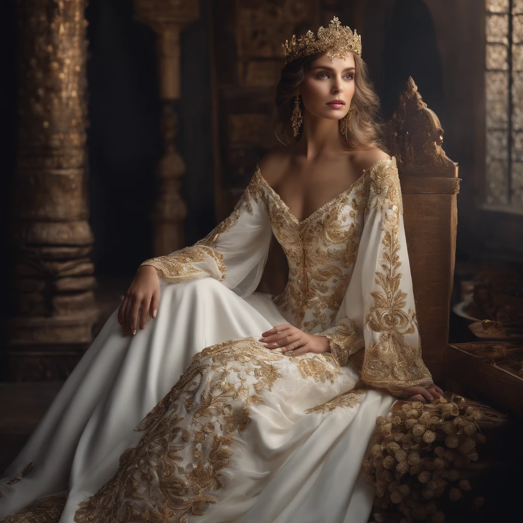 Make an outfit model beautiful white medieval dress like wedding dress with golden embroidery and crital flowers around