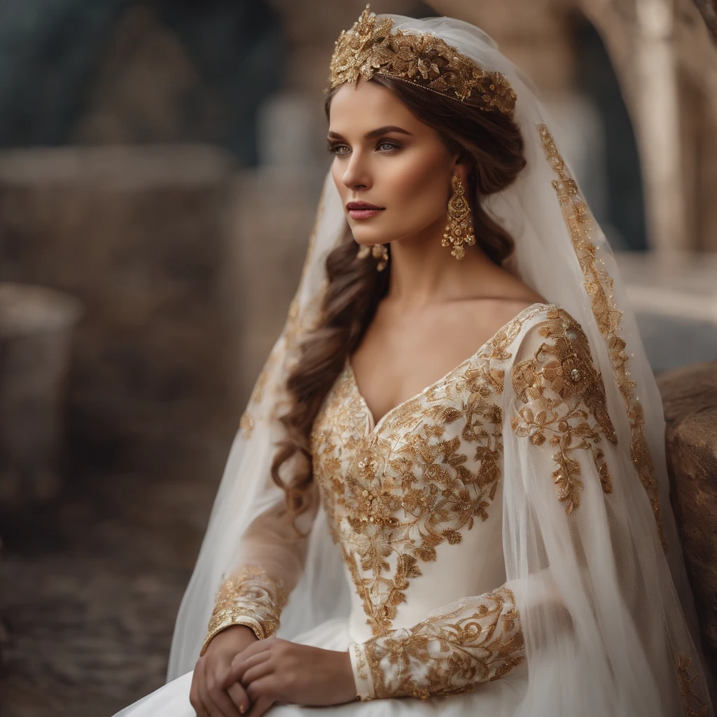 Make an outfit model beautiful white medieval dress like wedding dress with golden embroidery and crital flowers around