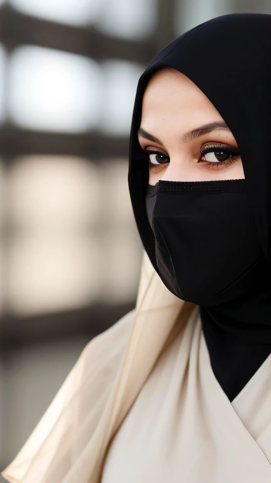 “Woman wearing a black hijab, smiling, with soft facial features, blurred background, natural daylight.”