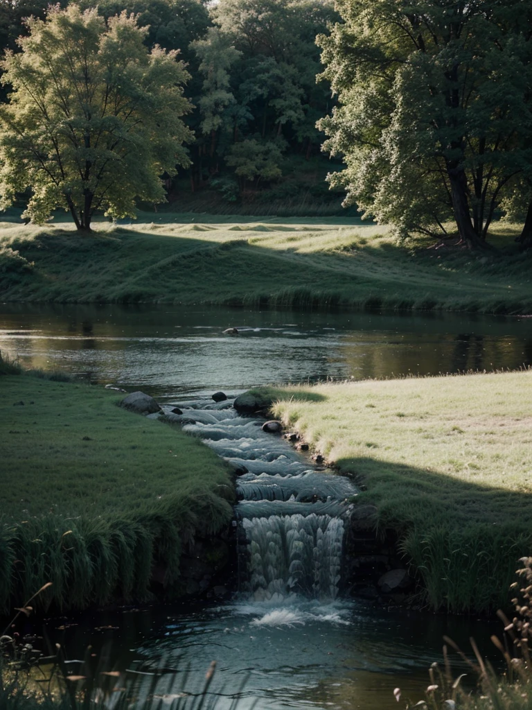 Beautiful view, dramatic lighting, peaceful, grass, river