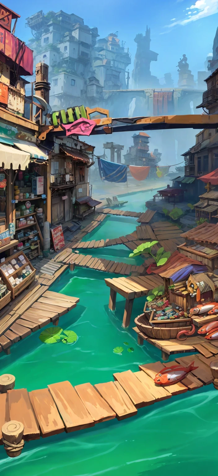 Cartoon illustration of a city with a river and a bridge, Underwater Market, stylized concept art, Fishing Village, Game concept art, 以Game concept art形式进行绘制, Conceptual art for video games, 风景Game concept art, Stylized game art, environment设计插图, Fishing Village, environment, background technology, Concept Art 4K Detailed HD Close-up with octopus