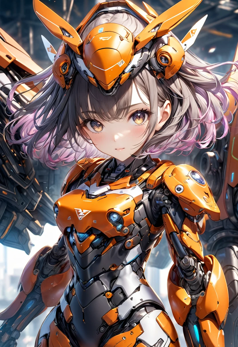 (Perfect Anatomy:1.4,Highest quality、超High resolution、High resolution、Highly detailed CG、8K Unit Wallpaper),4K、masterpiece、((Focus on the face))、((Symmetrical facial features))Vibrant, Imaginary image of a girl in a mecha suit, Fly gracefully across the battlefield of the future. The girl is full of energy, Bright colors contrast with muted hues, The mechanical beauty of the suit. The suit's vibrant colors and intricate details、Sophisticated, Mecha futuristic design. A wide-angle lens is used in the background., Emphasize the dynamic nature of the scene. wide aperture, High resolution, telescope lens