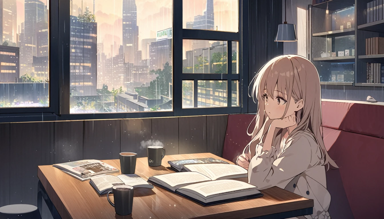 An illustration of a girl studying in an anime-style urban cafe. She sits by the window, concentrating on reading a book while feeling the hustle and bustle of the city outside. Her expression is focused, but also reflects a certain loneliness. The interior of the cafe is cozy, with a coffee cup and a book on the table. Outside the window, it is raining. You can see the city lights and distant buildings. This scene expresses the diverse emotions and tranquility of city life.