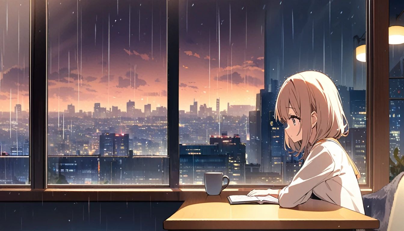 An illustration of a girl studying in an anime-style urban cafe. She sits by the window, concentrating on reading a book while feeling the hustle and bustle of the city outside. Her expression is focused, but also reflects a certain loneliness. The interior of the cafe is cozy, with a coffee cup and a book on the table. Outside the window, it is raining. You can see the city lights and distant buildings. This scene expresses the diverse emotions and tranquility of city life.
