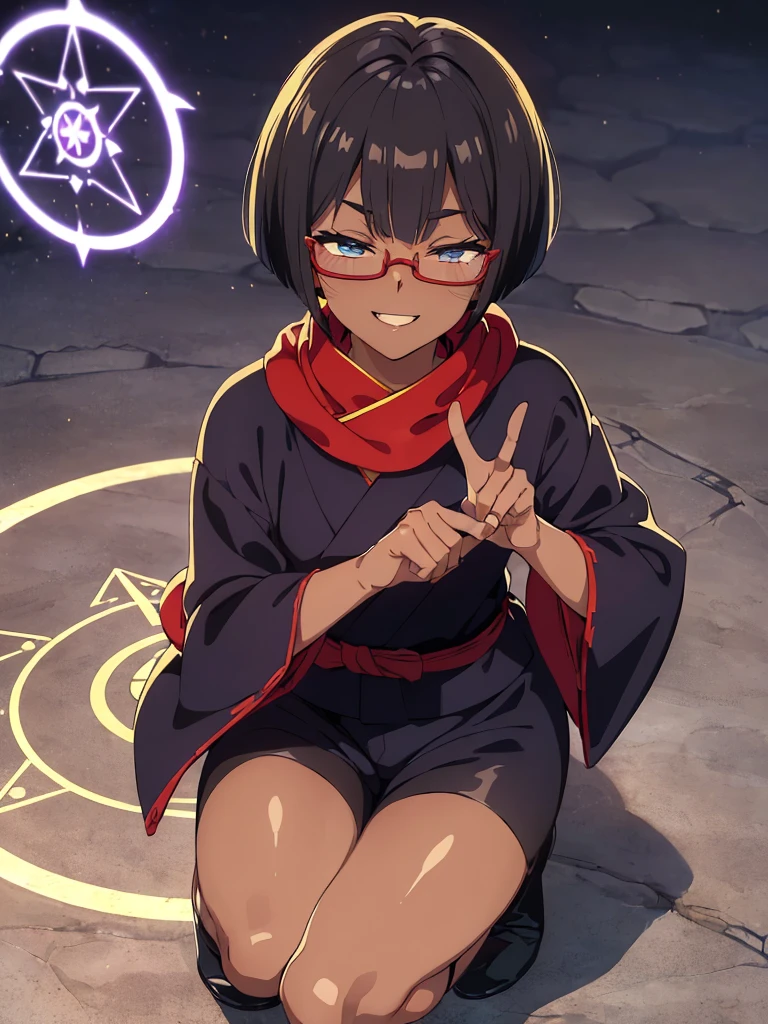 (flat chest:), (masterpiece:1.2), highest quality, High resolution, unity 8k wallpaper, (fine and beautiful eyes:1.6), highly detailed face, perfect lighting, Detailed CG, (perfect hands, perfect anatomy), (1 boy solo:1.4), 20 years old, black hair, extremely beautiful detailfeminine face and eyes, (evil smile:1.4), detailed eyes, best quality,( dark skin:1.8), (turtleneck shirt under yukata:1.2), (bike shorts:1.2), extremely detailed, very precise detailed, (glasses:1.3), blunt bangs, open mouth, (very short pixie cut:1.2), boots,fingerless gloves, smile, (half closed eyes:1.5), ,(squat in magic circle on ground:1.1) ,night sky,long sidelocks,(long red Scarf),(yukata),(squatting),(acrobat pose:1.3),(squat:1.3),leaning forward,(one knee dwon:1.5),(Put one foot in front:1.3),(stylish pose:1.4),(Raise only index finger:1.1),,(retro artstyle:1.2), (1990s \(style\)),(in magic circle on ground only:1.3),(from above:1.2),(open magic scroll:1.8)