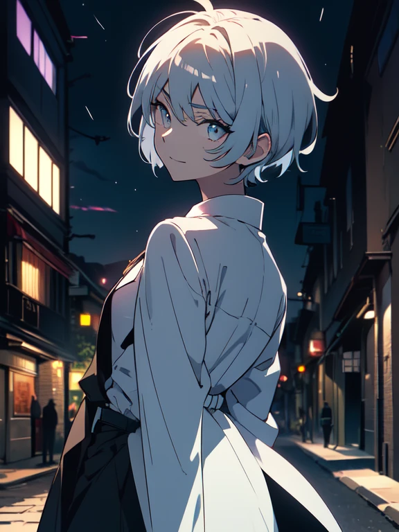 (masterpiece, highest quality、detailed)、(shining eyes), ((One young man)),((cool boy))、(sky gray hair,inner color)、colorful eyes,serious expression, wicked smile,line drawing,(all back、reap))、messy hair、(short hair),(Asymmetrical hair、two block hair),white blazer,black t-shirt,expressionless eyes,((beautiful animeスタイル))、(dark and serious background),(dark back alley)、(downtown at night)、beautiful anime