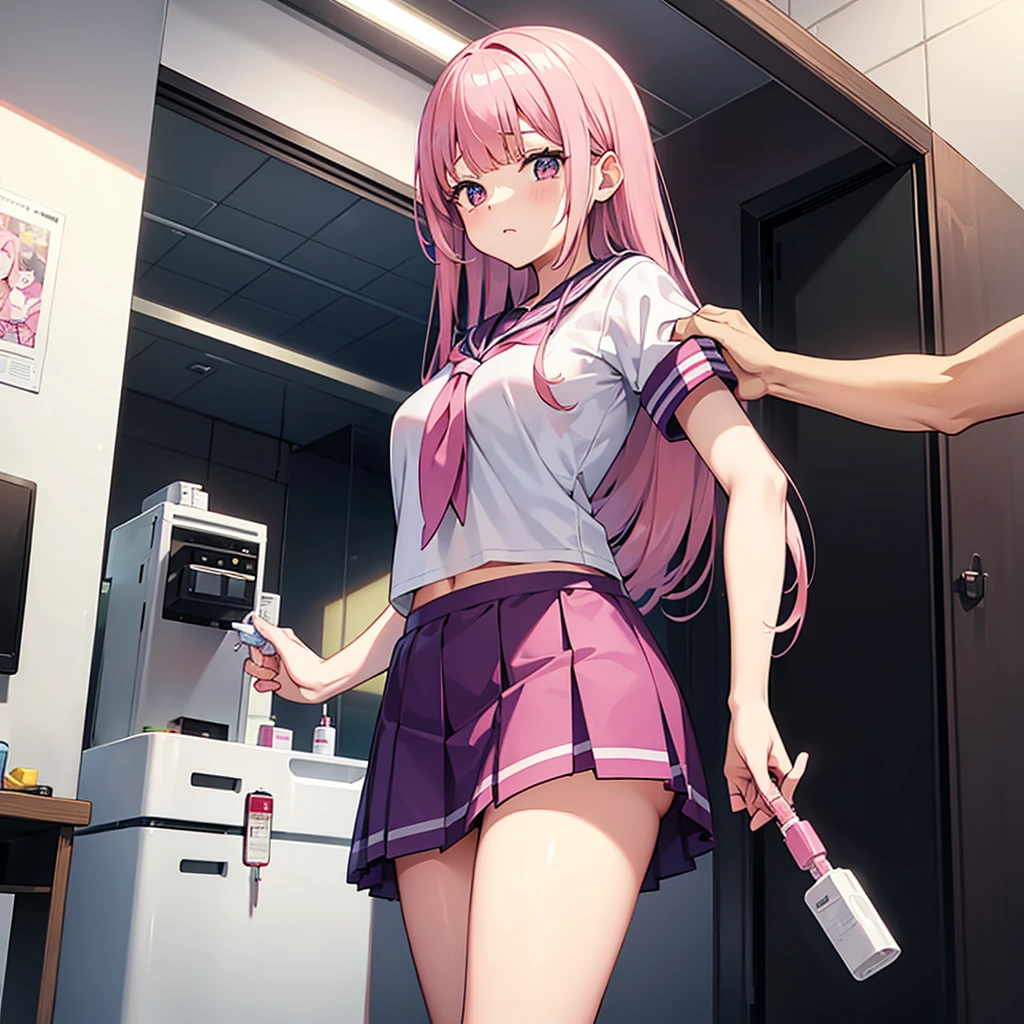 A pink-haired high school girl in a sailor uniform receives a vaccination、The man grabbed his arm、Take the syringe and stick it into your upper arm.。.