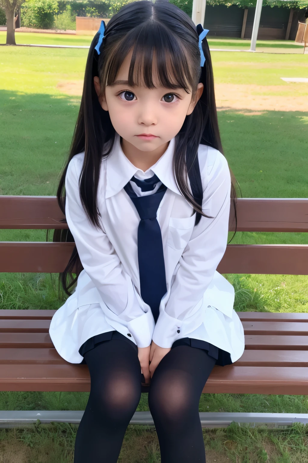 Full Body Shot))、Real、フォトReal、Super detailed、Perfect Shading、Light Skin、Big eyes、Long eyelashes、Baby Face、School Life、Shy face、girl、Schoolyard、Sit on a bench、Inner thigh、Leg spread、black tights